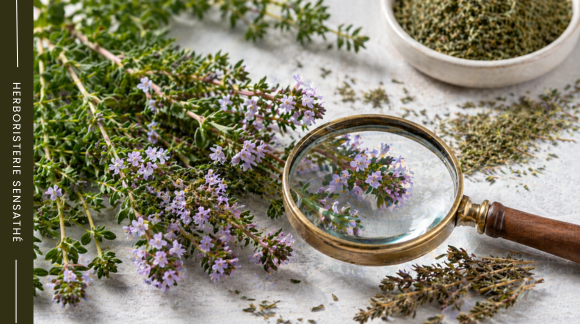 Thymus vulgaris frais en floraison pour illustrer l’identité botanique du thym commun - Herboristerie Sensathé